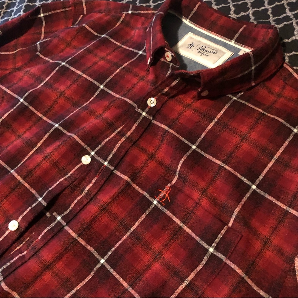 Original Penguin Heritage Mens Red Plaid Button Shirt Sz XL Long Sleeve A14